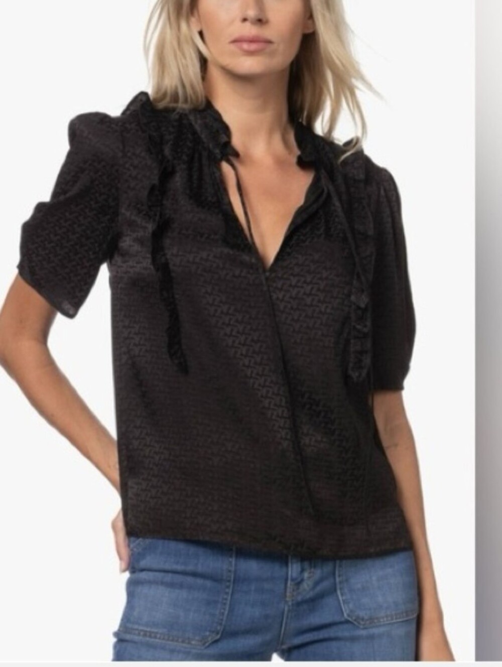 Zadig & Voltaire Talino blouse with ruffles, black satin, short sleeve